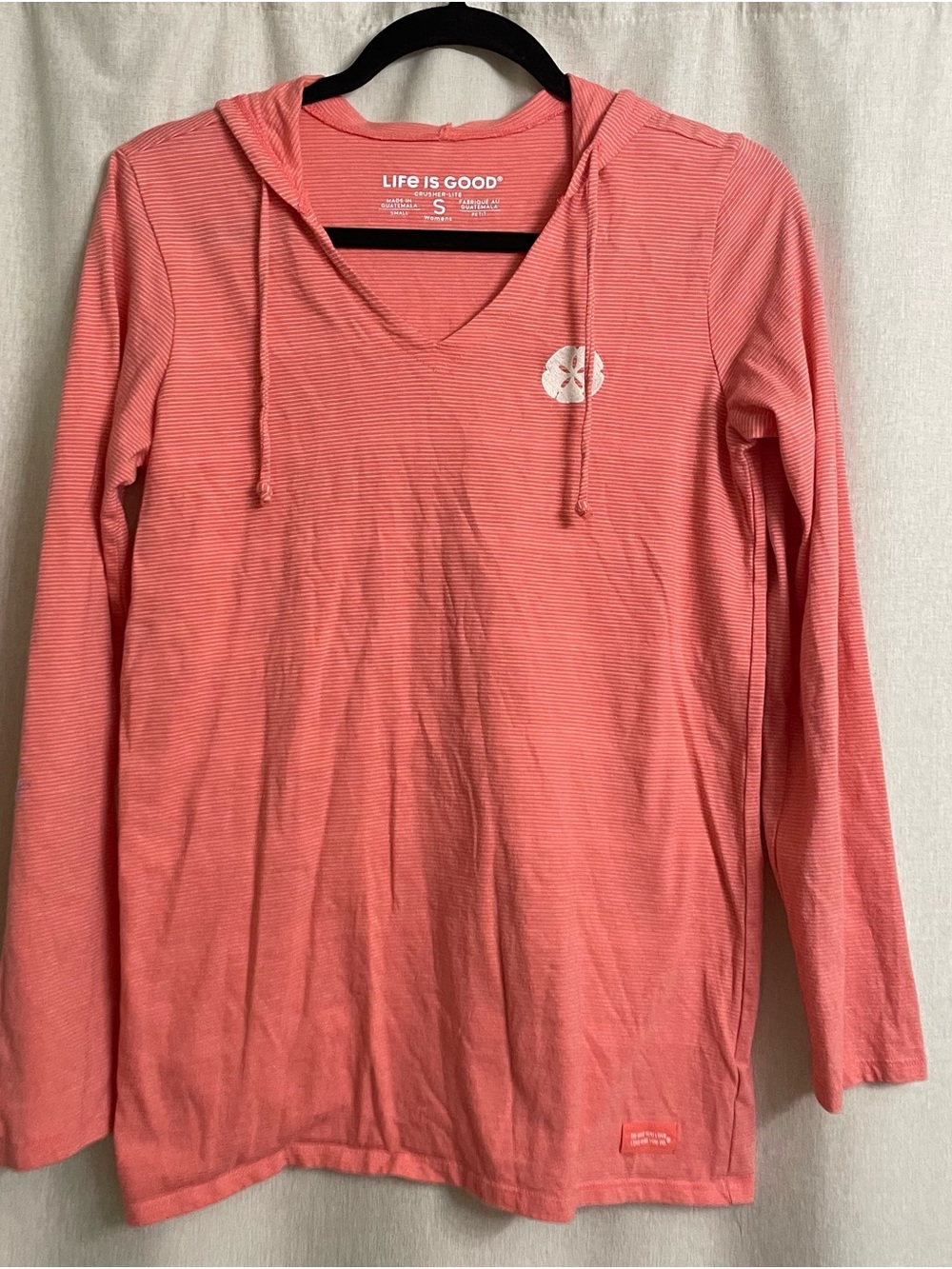 Life Is Good Crusher Lite Sand Dollar Striped Hooded Tee Coral Small